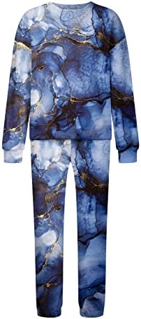 Врзана боја потта за жени мермер печати 2 парчиња облеки Поставете врвови со долги ракави и џемпери за модни патеки