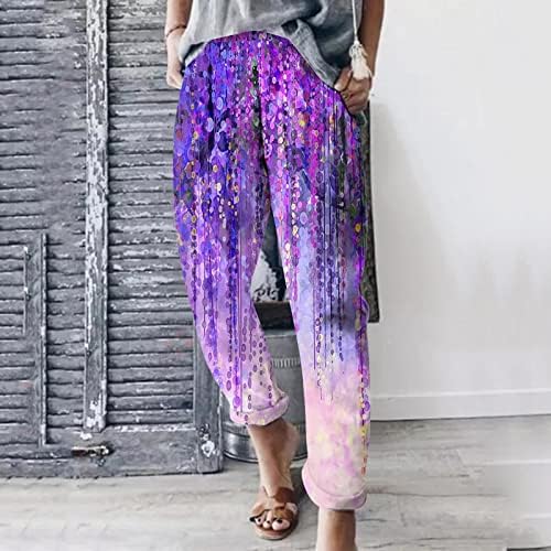 Капри панталони за жени обични градиенти печати во боја на печатење панталони со џеб гроздобер памук со памучни постелнини со високи