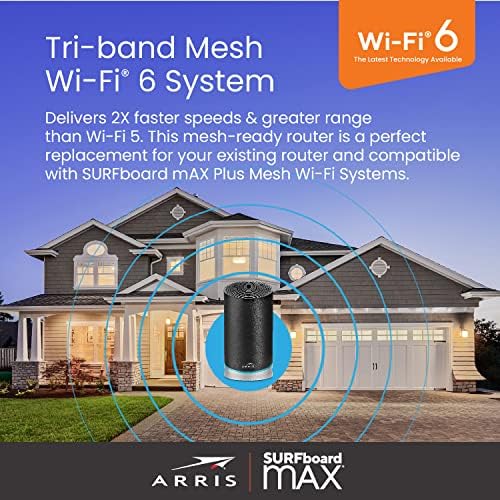 Arris Surfboard Max W30 Tri-band Mesh Ready Wi-Fi 6 рутер | AX7800 Wi-Fi забрзува до 7,8 Gbps | Покриеност 3.000 квадратни метри | 1 рутер | Четири порти од 1 Gbps | Поддршка на Алекса | 2 -годишна гаранција