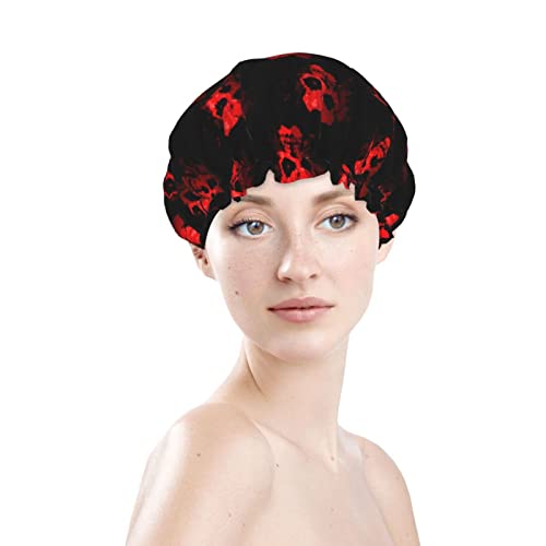 Womenените што можат да се користат затегнати полите, капа за коса со црвен череп оган Ноќта на вештерките Двоен слоеви водоотпорна капа за бања со капа за туширање