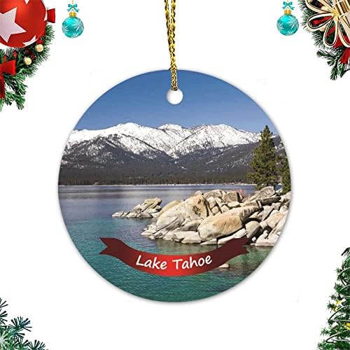 Винизонг керамички кружен украс Зимски песок пристаниште езеро Тахое пејзаж Божиќ украс сувенир керамички украси комеморативни украси за подароци Божиќно бомби,