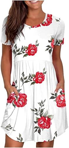 Womenените плус големина фустан жени летни фустани со краток ракав мода едноставна маица лабава фустан цветни фустани