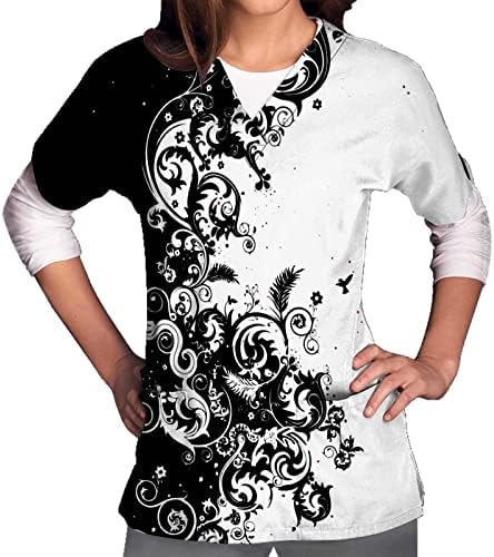Струже За Жени Плус Големина Блуза Со Кратки Ракави В-Врат Печатени Медицински Сестри Униформа Летни Маици Блузи За Чистење