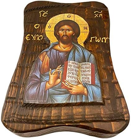 Сакис Крекал стил благословен дрвен грчки христијански православен рачно изработена икона Исус Христос благословува цврсто дрво