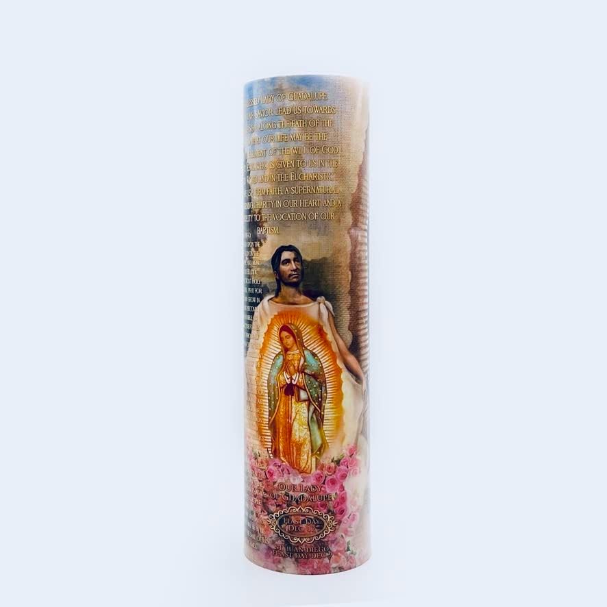 Пресвета богородица Од Гвадалупе, ПРЕДВОДЕНА Од Свеќа За Молитва Без Пламен, Со хуан Диего на грб, Религиозна Формулација,