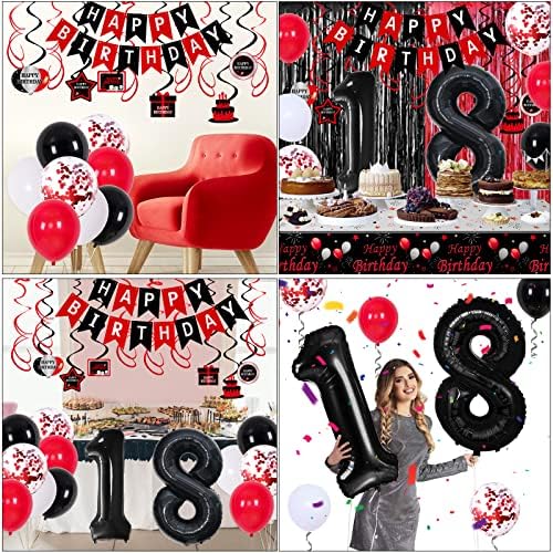18-Ти Роденденски Украси За Момчиња Девојчиња, Црвена И Црна Среќен 18-Ти Роденден Балони Банер Број 18 Балони Висечки Вител Чаршав Фолија