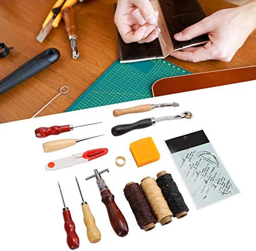14 ПЦС Алатки за работа со кожа, Комплет за алатки за изработка на кожа вклучува ножици на трки, алатки за работа и материјали за работа
