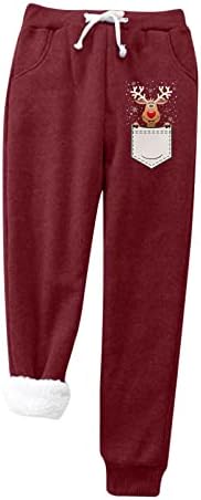 Модни жени плус топол божиќен печатен кадифе со џебови чуваат топли панталони панталони со високи половини