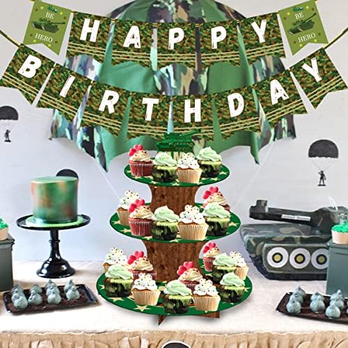 Камо забава за кукавици за момчиња Зелена 3-часовна торта штанд Армиски војник Воена забава материјал Камуфлажа тема Барнард Табела за торта