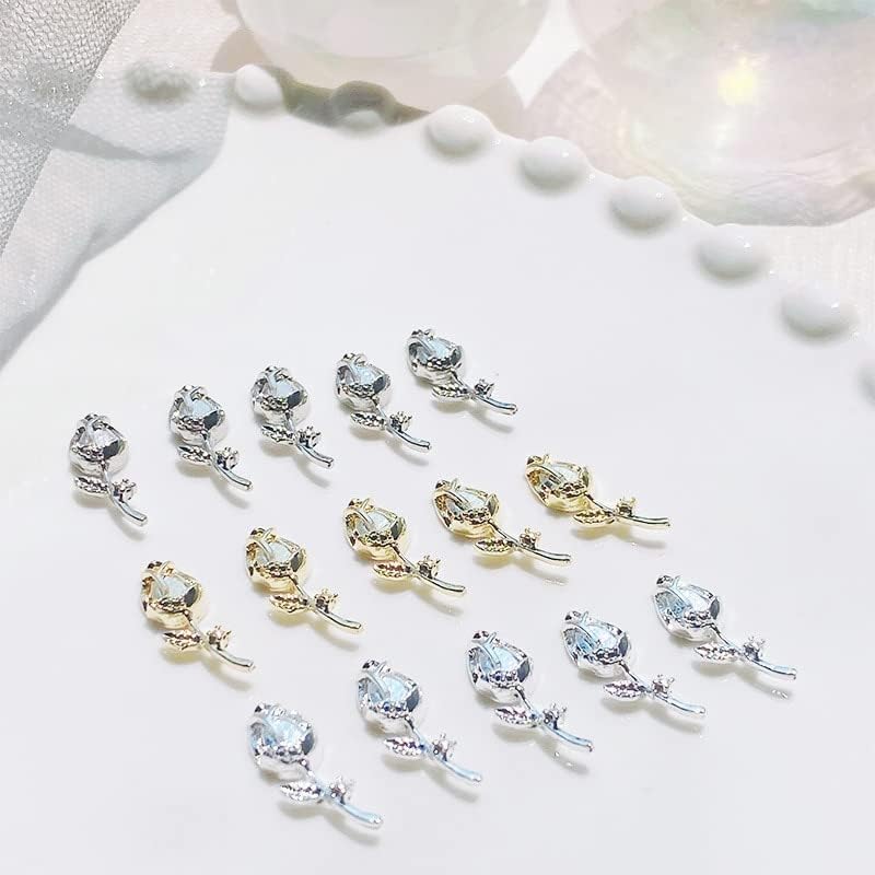 2022 Роуз Нојл Уметнички украси 20 парчиња злато/сребрен цвет во облик на нокти Алуминиумски привлечности 3Д метални налепници за нокти DIY камења -