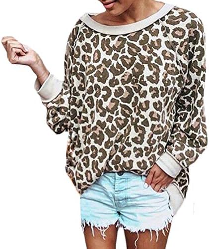 Womenените леопард печати џемпер со долги ракави, обичен лажичка на вратот на вратот, блуза
