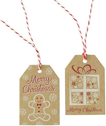 100 пакувања кафеави Крафт хартија Божиќни подароци ознаки ， Божиќни кафеави ознаки за подароци со јута канап за пекара за пекари за DIY XMAS Holiday Present Present Wrap и име на па?