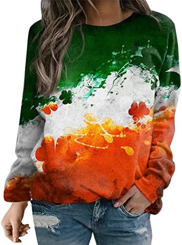 Женски дневен печатење o врат -кошула тркалезна вратот се вклопуваат пулвер врвови, обични маички со долги ракави, џемпери за жени по поштенски зелени