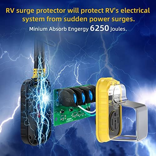 Заштитник на RV Surge 50 AMP-Водоотпорен заштитник на напон на RV со заштита на пренапони, светло на LED индикаторот, рачка на T-Quel, заклучување