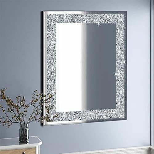 QMDecor Кристална здроби дијамантска правоаголник сребро огледало за wallидна декорација 24x32inch wallид виси рамка огледало акрилен дијамантски