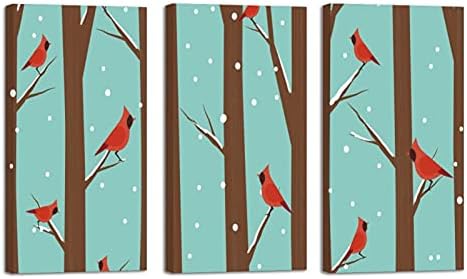 Wallидна уметност Зимска бреза дрво Снег црвена птица сликарство на платно оригинално врамени уметнички дела за дневна соба во спална соба канцеларија