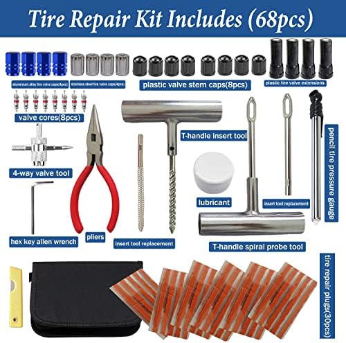 Комплет за поправка на гуми, комплет за приклучоци со тешки гуми од 68 парчиња, алатки за поправка на гуми во гума за поправка на пункција