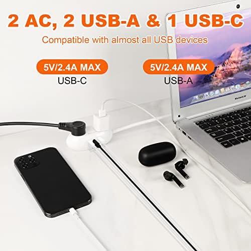 Meauvan Power Strip Surge Protector: 5ft продолжено кабел со USB порти и 2 места, 2 USB A и 1 Type C 5V 3.1A, лента за напојување