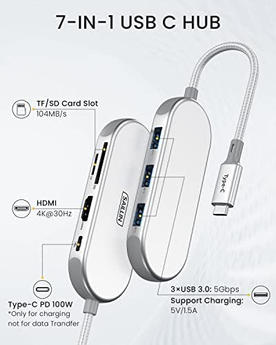 USB C Центар, SAILLIN 7 ВО 1 USB C Мултипорт Адаптер, АЛУМИНИУМ USB C Dongle со 3 USB 3.0 Порти, 4K HDMI, Сд/TF Картичка Читач, 100w Испорака