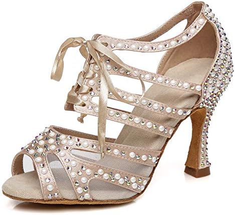 Hroyl жени Rhinestone Dance Shoes за латинска салса валцер во сала за венчавки за танцување чевли за танцување, YCL433