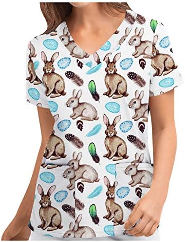 Maseенски моден велигденски SCRUB_TOPS краток ракав со кратки ракави против маици на вратот, шарени зајаче печатени кошули со џебови