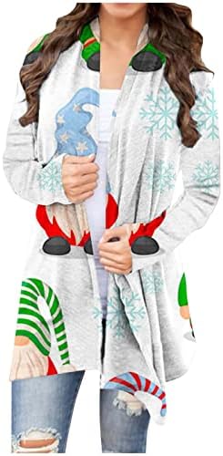 Женски симпатичен Божиќен кардиган Смешна санта Божиќна празничка забава за забави палто за надворешни работи со долга ракав лесен шал обвивки
