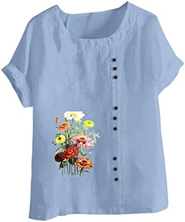 Екипаж на кратки ракави со кратки ракави Дејзи, цветен графички салон, плус големина блуза маичка со постелнина памучна блуза за девојчиња