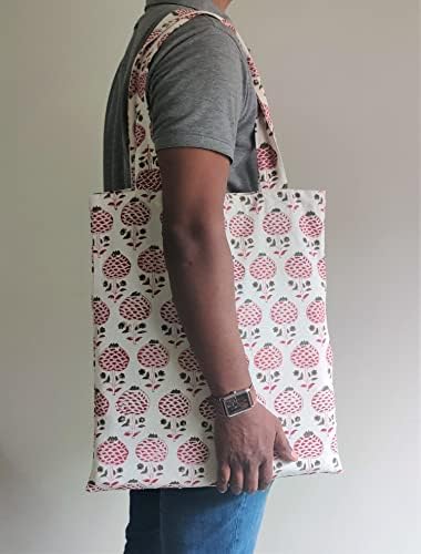 Atosii Handblock Print Canvas Tote Oure Useable намирници за шопинг торба за рамо, симпатична торба за плажа памук 18 ”должина