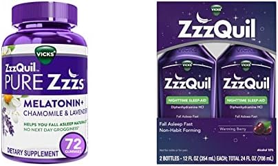 Zzzquil чиста zzzs мелатонин помош за спиење на гуми, 1 мг по гума, 72 броење и, течност за помош за спиење, 12 fl oz x 2