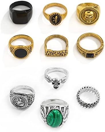 Xun ZHE гроздобер злато сребрено панк прстени за мажи жени девојки, кул готски прстен, бучен стабилен зглобни прстени, ретро череп аце малахит