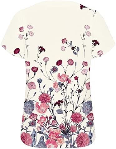 Womenените цветни печатени плоштад вратот врвови летни обични ливчиња со кратки ракави со кратки ракави лабави слатки проточни маици дневни основни кошули
