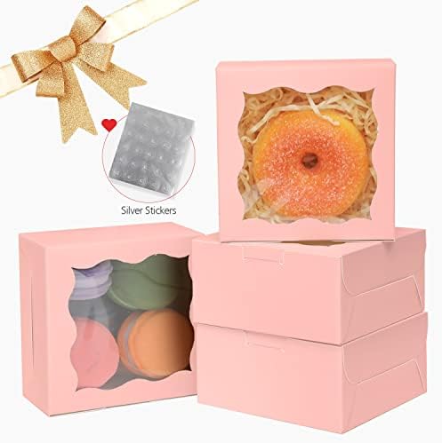 Розови Пекарски Кутии Со Прозорец 4х4х2, 5 инчи Мали Кутии За Пециво Мини Кутии За Колачиња за Пекари Дебели &засилувач; Цврст (100