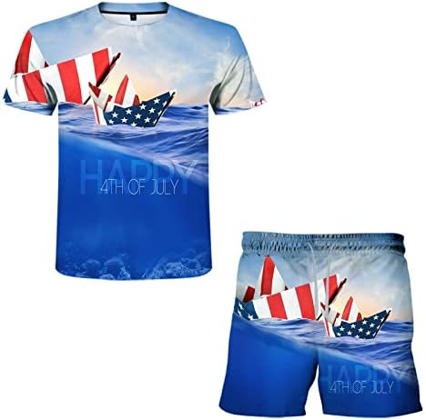 Обични летни тренерки облеки за мажи 4 -ти јули маица и спортски шорцеви удобни облека за вежбање на американско знаме