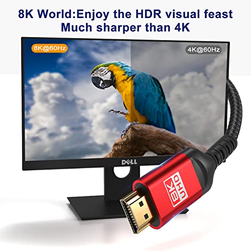 ALLEASA 8K HDMI Кабел, Ултра 48Gbps Голема Брзина 1 FT HDMI Кабел, 1 Нога hdmi Кабел-4K@120hz 8K@120hz, eARC, HDR10, DTS: X, HDCP 2.2 &засилувач; 2.3, Компатибилен СО PS4/5, Blu-ray, Монитор, КОМПЈУТЕР И Многу Пове?