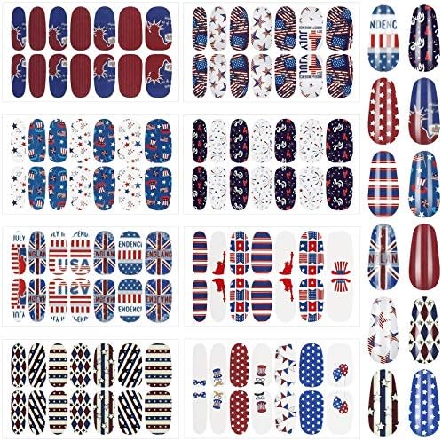 8 листови 4-ти јули нокти обвивки Патриотско американско знаме целосна обвивка за нокти налепници на налепници за независност на ноктите