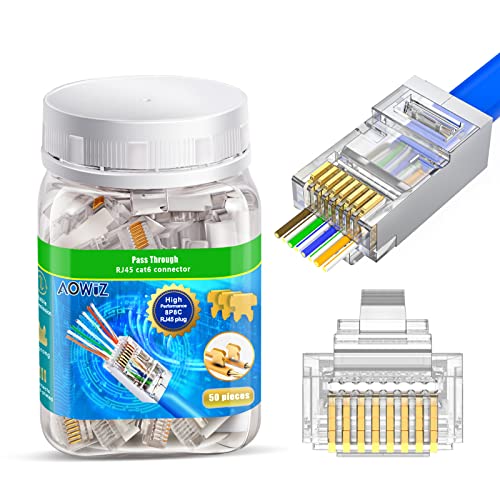 AOWIZ RJ45 конектор CAT5 CAT6 заштитен RJ45 поминува низ краевите злато позлатено 8p8c Етернет Модуларен приклучок 50-пакет