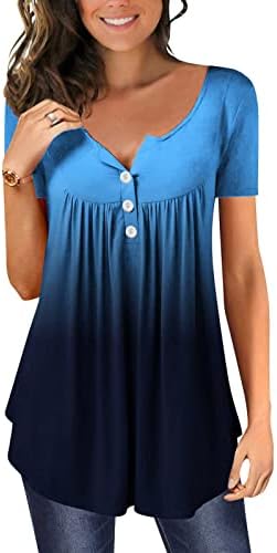 Врвови за жени градиент печатено случајно скриен стомак туника V-врат симпатична проточна маичка со кратки ракави со кратки ракави лабава маица