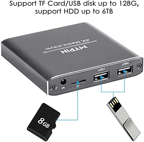 4K Media Player со далечински управувач, Digital MP4 плеер за 8TB HDD/USB диск/TF картичка/H.265 MP4 PPT MKV AVI Поддршка HDMI/AV/Optical