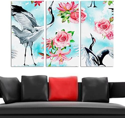 Wallидна уметност за дневна соба, кранови и розови цвеќиња од рози лилјани и лотоси врамени декоративно масло за сликање поставени