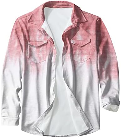 Копче за кошули за мажи надолу со графички графички печатени градиенти џебови со долги ракави, блузи, плус големина опуштено вклопување врвови
