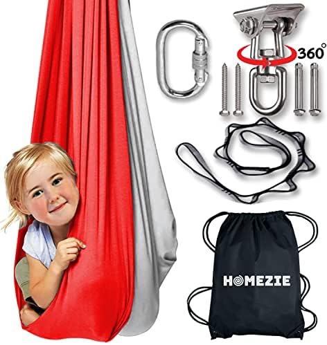 Homezie Sensory Swing for Kids Indoor + Outdoor, Сензорна терапија затворен замав за деца со аутизам, АДХД и посебни потреби, сет на замав со 360 ° завика за вртење, 4 завртки, карабинер кук?