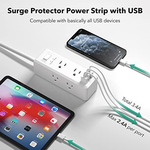 Заштитник на електрична енергија BN-Link Surge со 6 продажни места 2 USB-A 1 USB-C, лента за проширување на излез од 3 страни со кабел