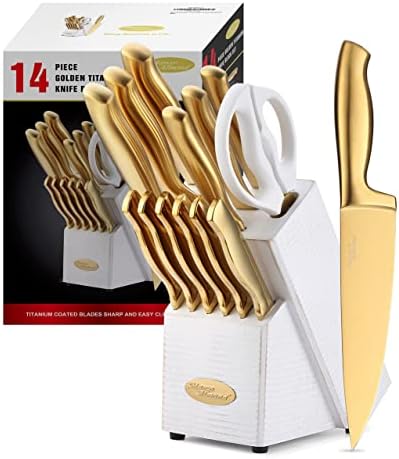 Кја23 Златен Титаниумски Нож Поставен Со Акрилен Држач + Марко БАДЕМ МА21 14 Парчиња Златни Комплети Ножеви