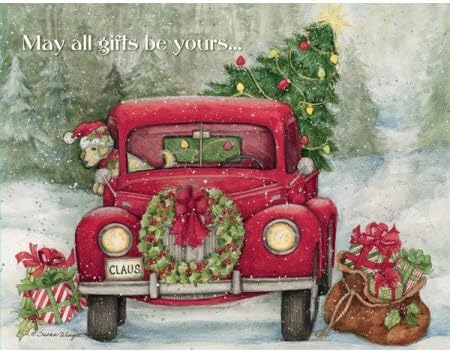 Божиќни картички на Ланг, „Камион на Дедо Мраз“ од Сузан Вингет, 18 картички и 19 коверти во цврста кутија за чување, уметнички дела со целосна