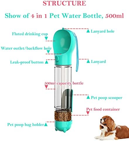 Шише Со Вода за кучиња Голем 500мл Пренослив Сад За Дозер За Вода За Патувања Додатоци За Кученца Цијан Блу, Бпа Бесплатно, 4 Во 1 Мултифункционално
