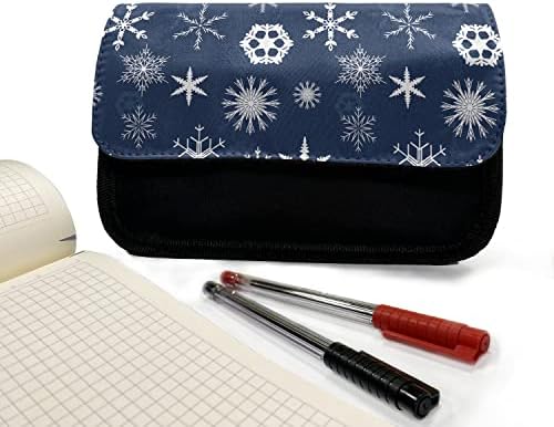 Зачудувачки нов случај со сини молив, уникатни снегулки во форма, торба со молив со ткаенини со двоен патент, 8,5 x 5,5, ноќно сино и бело