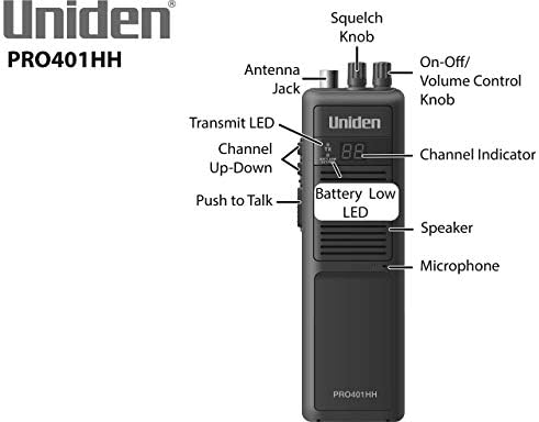 Uniden PRO401HH Професионална Серија 40 Канал Рачни CB Радио, 4 Вати Моќ Со Здраво / Ниско Прекинувач За Напојување, Автоматско Откажување