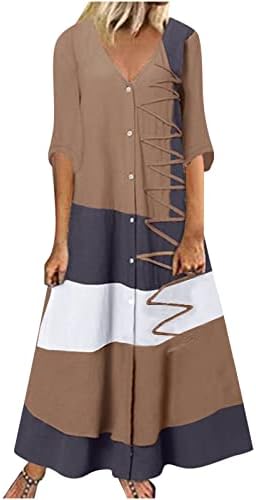 Womenенски копче надолу фустан од кошула лабава макси кафтан хафт ракав против вратот Бохо долги фустани 2023 летен трендовски плус фустан со големина