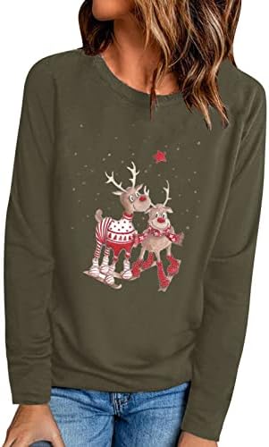 Здфер грди Божиќни џемпери за жени, обични лабави врвови модни елки печати со долги ракави, џемпер на вратот на вратот y2k врвови