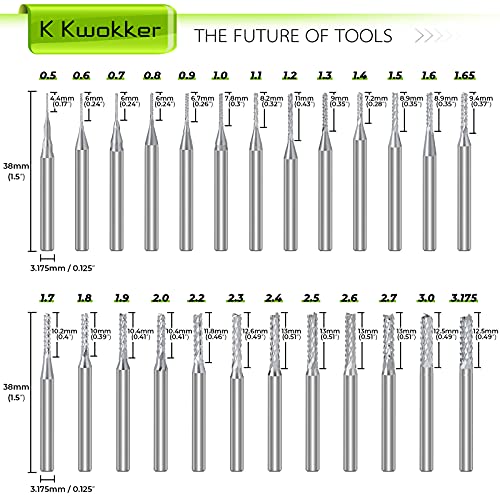 K KWOKKER 25PCS END MILLS CNC рутер битови за дрво PCB, 1/8 Shank, 0,5 mm до 3,175 mm метрички метри, битови на CNC CNC, 38мм, мулти-големина